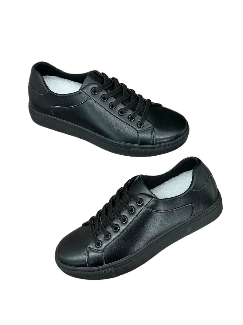 Unisex Classic Black Leather Lace - Up Sneakers , Comfortable Casual Shoes For Everyday Wear , Low Top Sneakers- Black