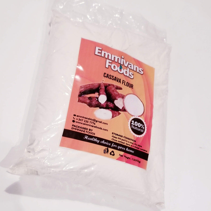 cassava flour (fufu) sealed in a pack with Emmivans logo printed on it