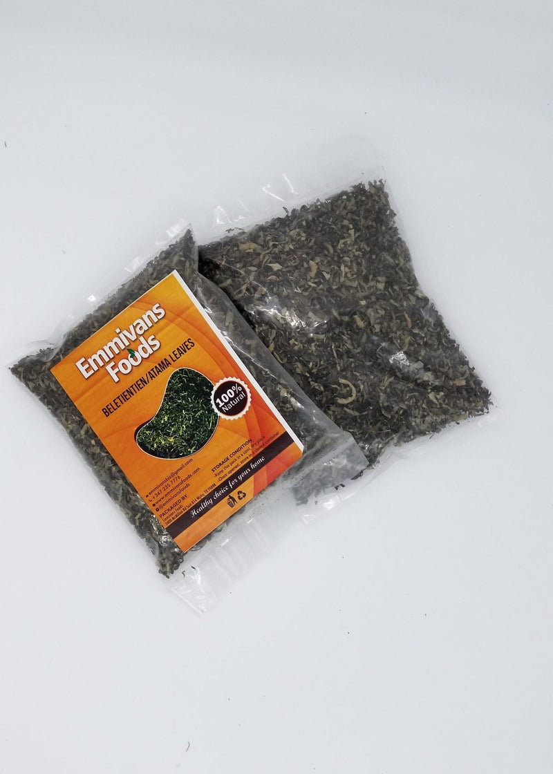two packs of sliced atama leaves sealed with emmivans foods inscribed on it