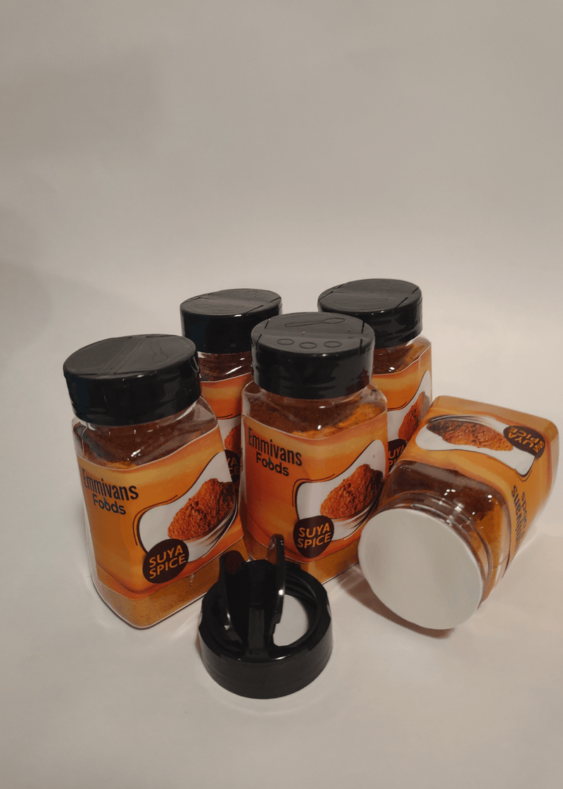 Yaji Suya Spice packed in a bottle-like containers with emmivans foods inscribed on it