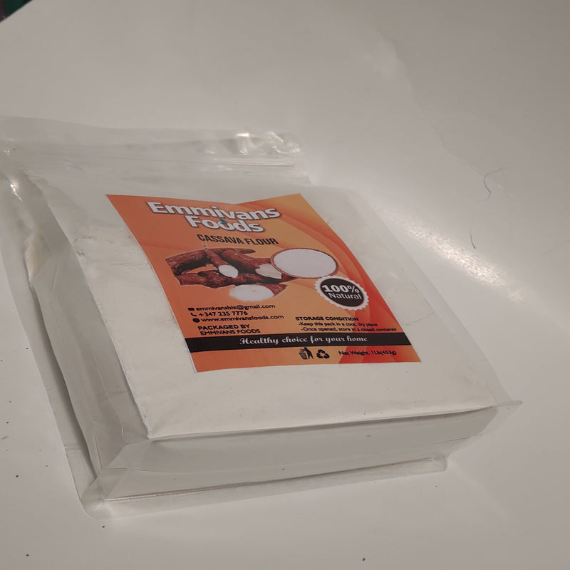 cassava flour (fufu) sealed in a pack with Emmivans logo printed on it