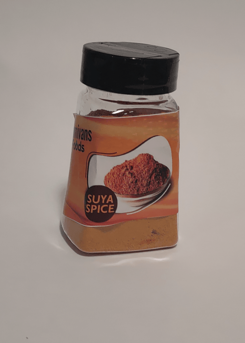 Yaji Suya Spice packed in a bottle-like container with emmivans foods inscribed on it
